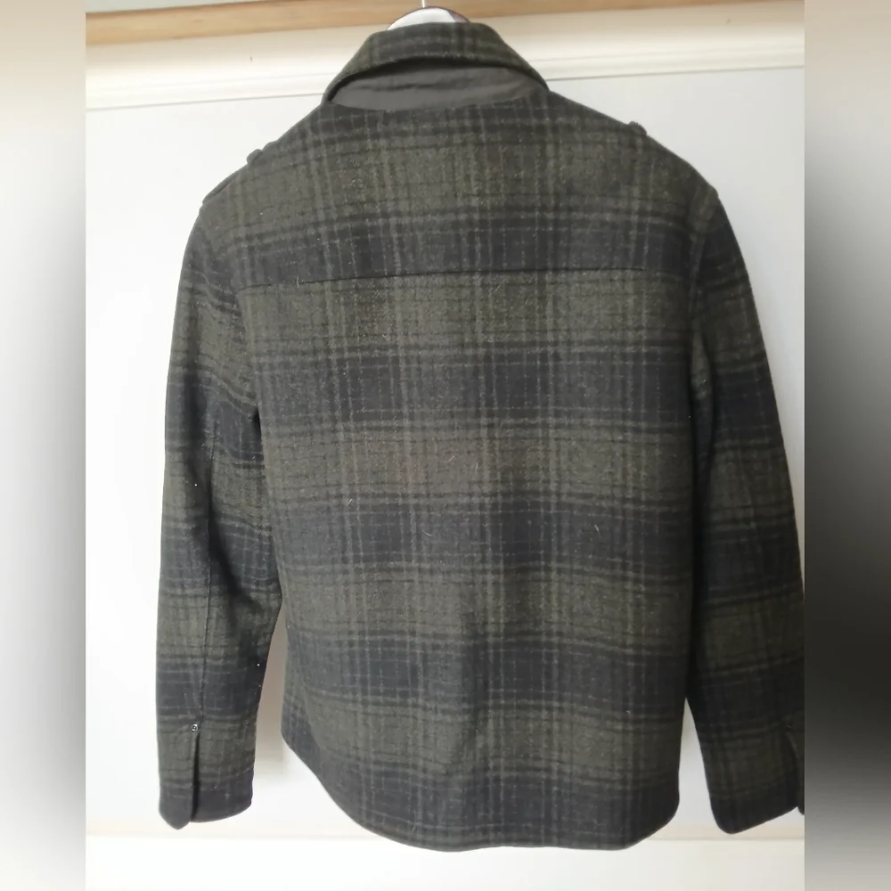 Armani Exchange Plaid Wool Coat, Size S in black and green